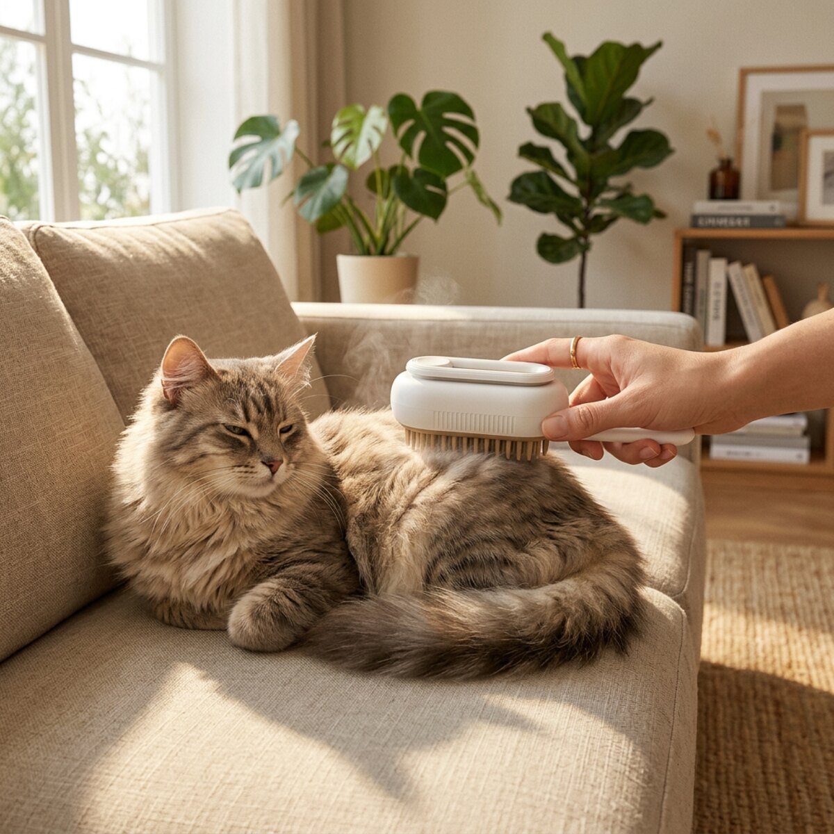 Petbudd steam grooming brush being used on a relaxed cat at home